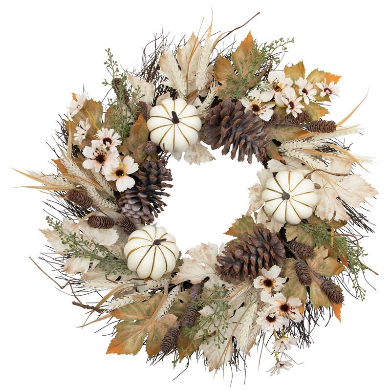 Pumpkin Wheat and Pinecone Artificial Floral Fall Harvest Wreath - 24"