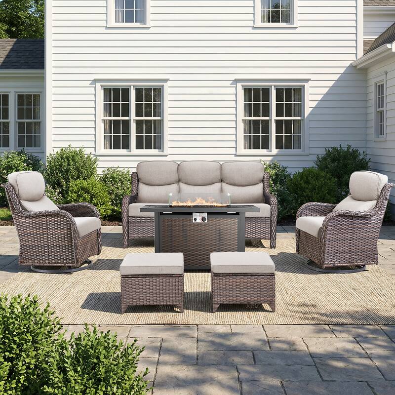 Pocassy 6/7 Piece Patio Sofa Swivel Chair Set with 43" Fire Pit Table - Brown Wicker Beige Cushion - 6-Piece Sofa Swivel Chair Ottoman w/ Fie Table