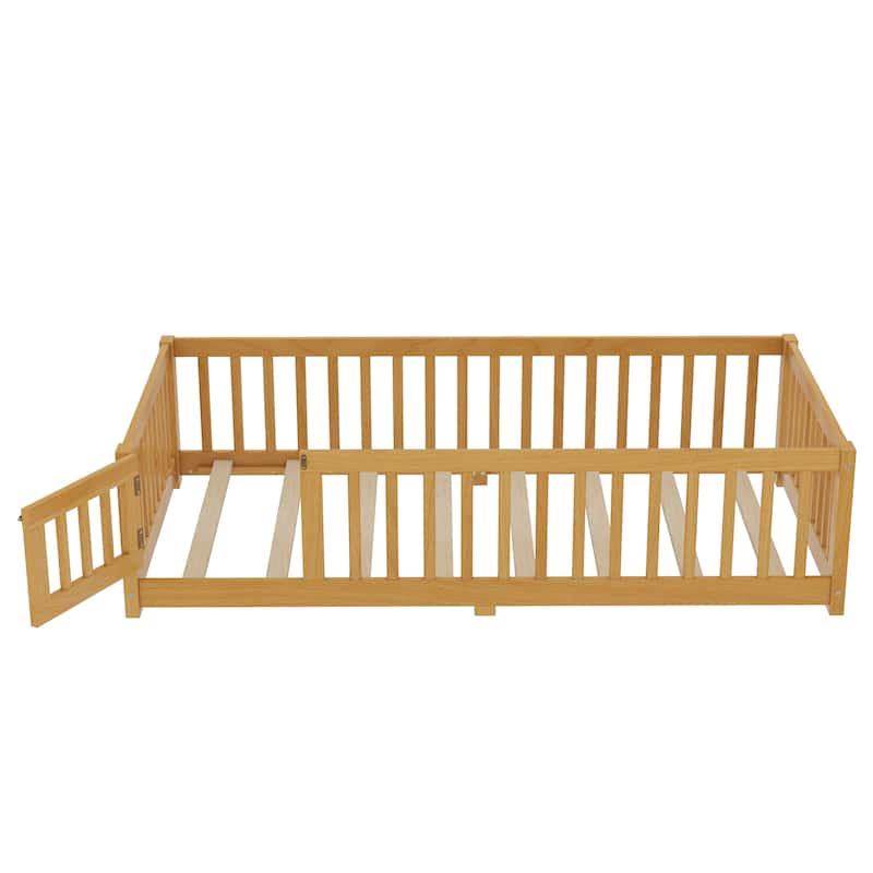 Montessori Toddler Floor Bed with Fence and Switchable Door, Low Profile Bed Frame with Removable Slats, Safe Transition Bed