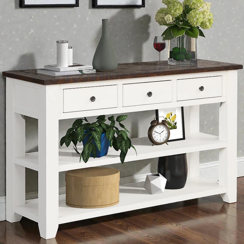 48 Inch Solid Pine Wood Console Table with 3 Drawers & 2 Shelves, Vintage Entryway Sofa Table for Hallway & Living Room - Antique White