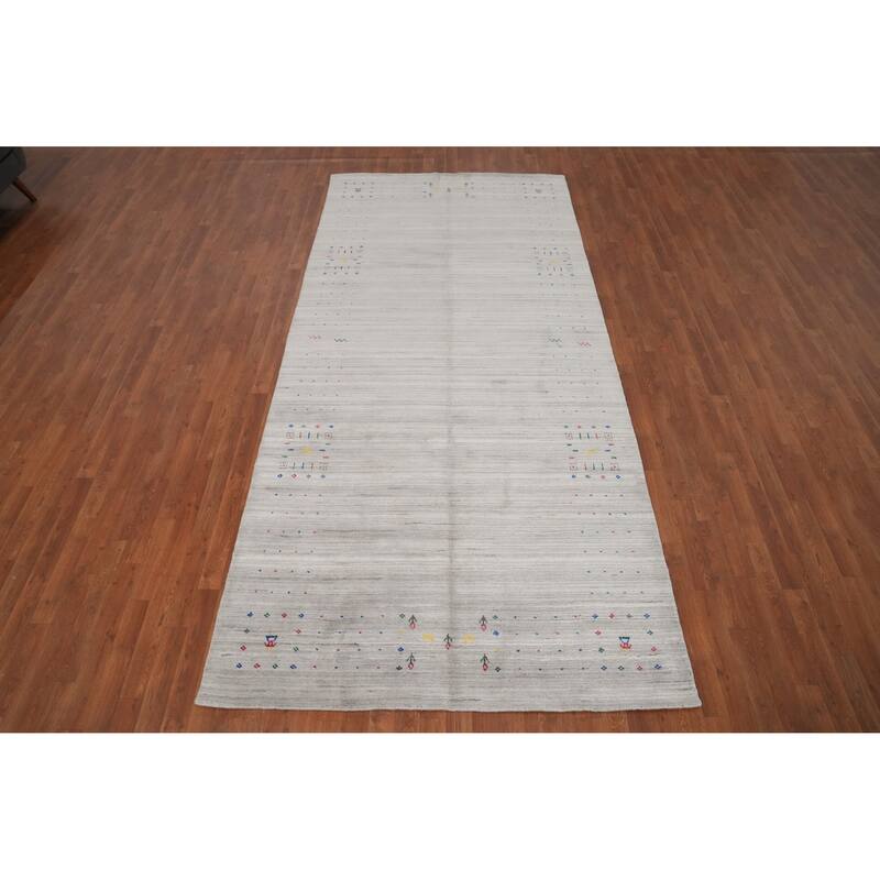 Hand Knotted Oriental Viscose Silk Carpet Tribal Animal Pictorial Greys & Charcoal Gabbeh Area Rug - 11' 8'' X 5' 5''