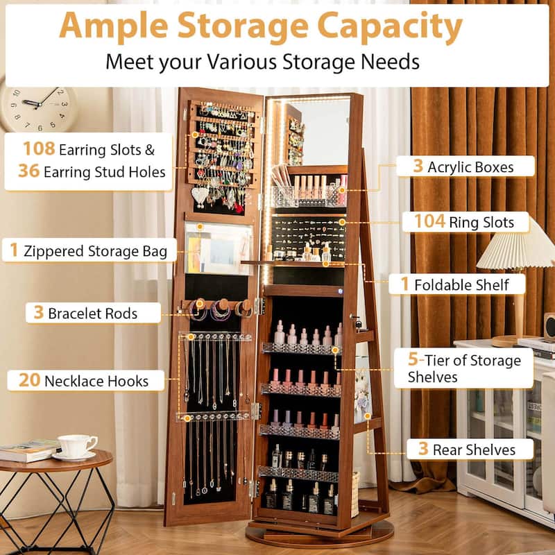 Costway 360° Swivel Jewelry Cabinet Organizer 3-Color LED Mirror with - See Details