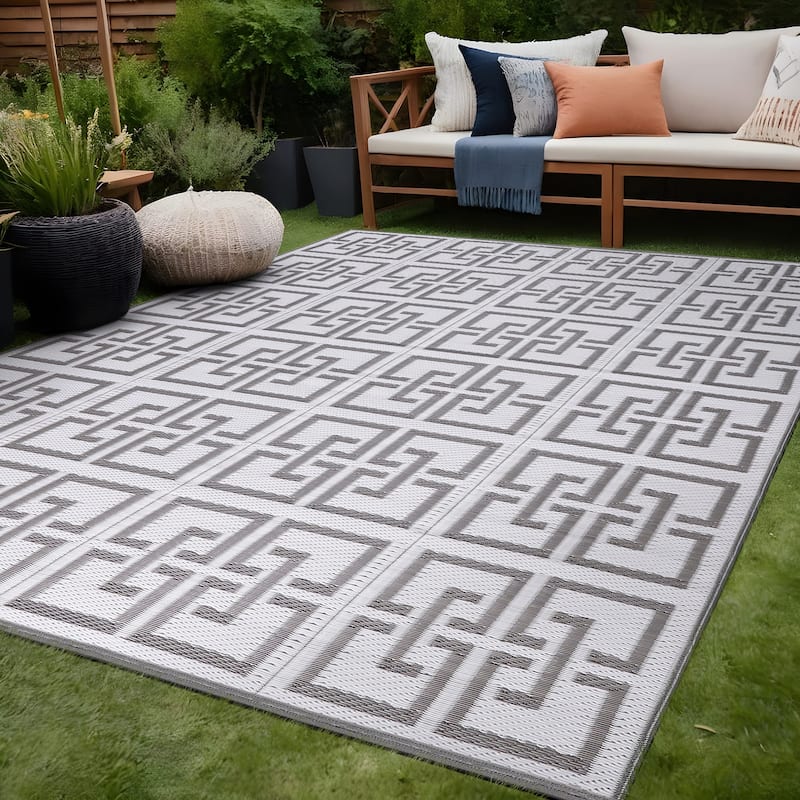 Beverly Rug Geometric Greek Key Outdoor Rug Waterproof for Patio, RV Camping