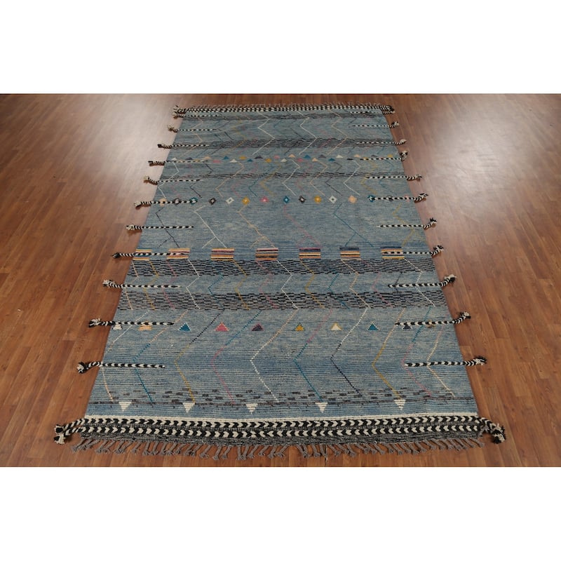 Striped Moroccan Oriental Area Rug Hand-Knotted Wool Carpet - 6'7"x 10'10"