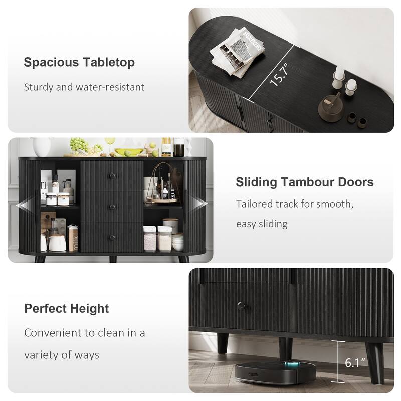 Fluted Sideboard Buffet Cabinet with Tambour Sliding Doors, Modern Coffee Bar Console with Storage & Adjustable Shelves