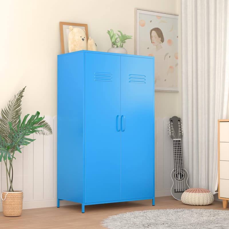 Double Doors Metal Locker Cabinet Storage with Hanging Rod and Shelves for Bedroom School Classroom - Blue
