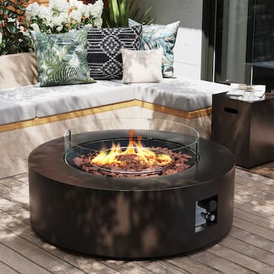 Patio Watcher Outdoor 42in. Iron Fire Pit Table with Propane Tank Cover and Glass Wind Guard