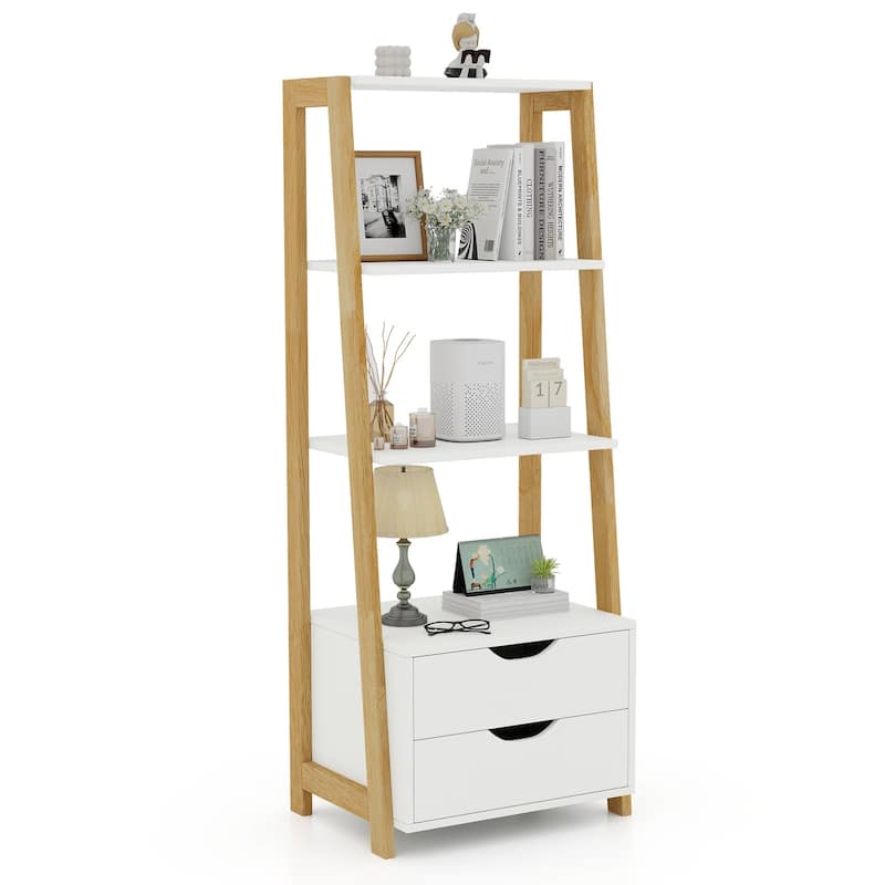 Space-Saving 4-Tier Ladder Shelf Organizer with Dual Drawers - 20.5" x 15.6" x 52.44" (L x W x H)