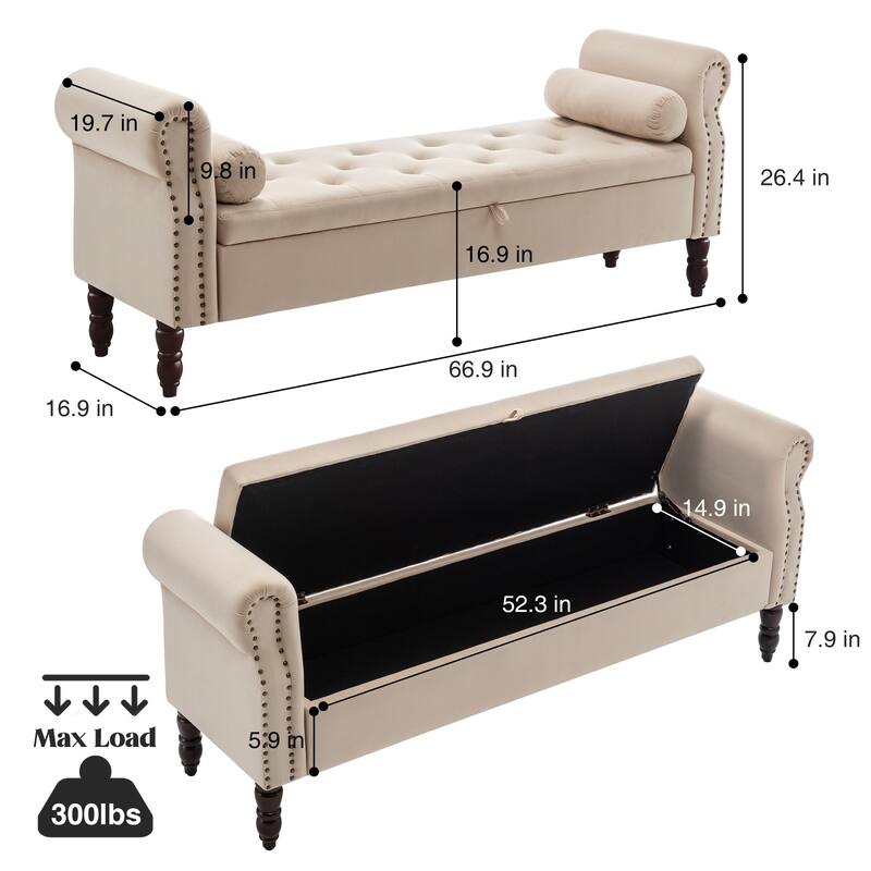 HOMYKA 66.9" Tufted Storage Bench with Rolled Arms Ottoman Long Bench