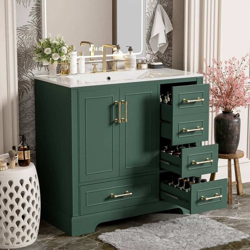 36" Bathroom Vanity with Ceramics Sink, 2 Soft Close Doors and 4 Drawers