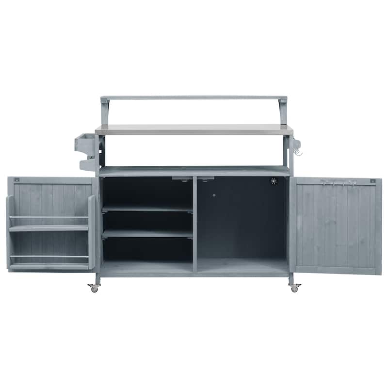 53.3" Outdoor Kitchen Island with Stainless Steel Top, Raised Shelf Solid Wood Storage Cabinet Outdoor Rolling Grill Cart