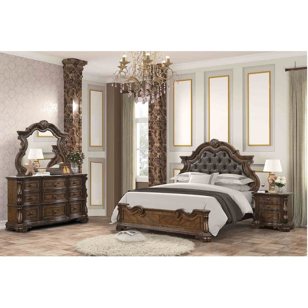 Traditional Dark Brown 4pc Bedroom Set Leatherette Headboard with USB Nightstand