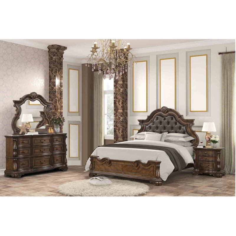 Traditional Dark Brown 4pc Bedroom Set Leatherette Headboard with USB Nightstand