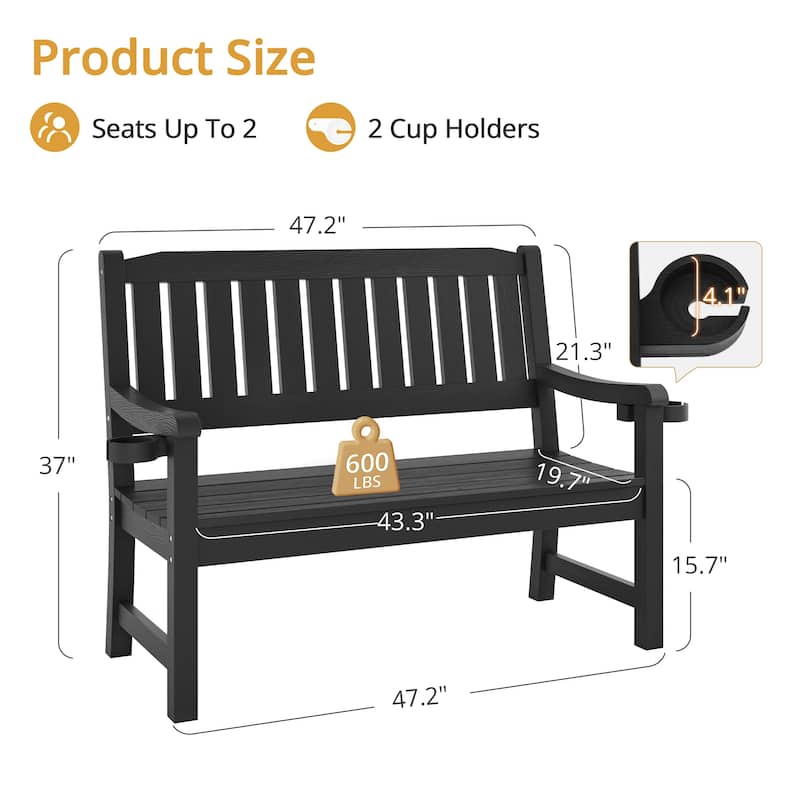 48'' Outdoor Bench - Weatherproof Garden Bench for Patio, Porch, Backyard