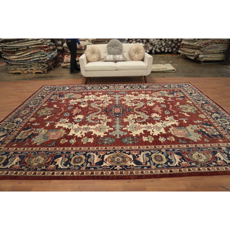 Hand Knotted Oriental 100% Wool Carpet Traditional Geometric Oranges & Rust Heriz (serapi) Area Rug - 11' 9'' X 8' 11''