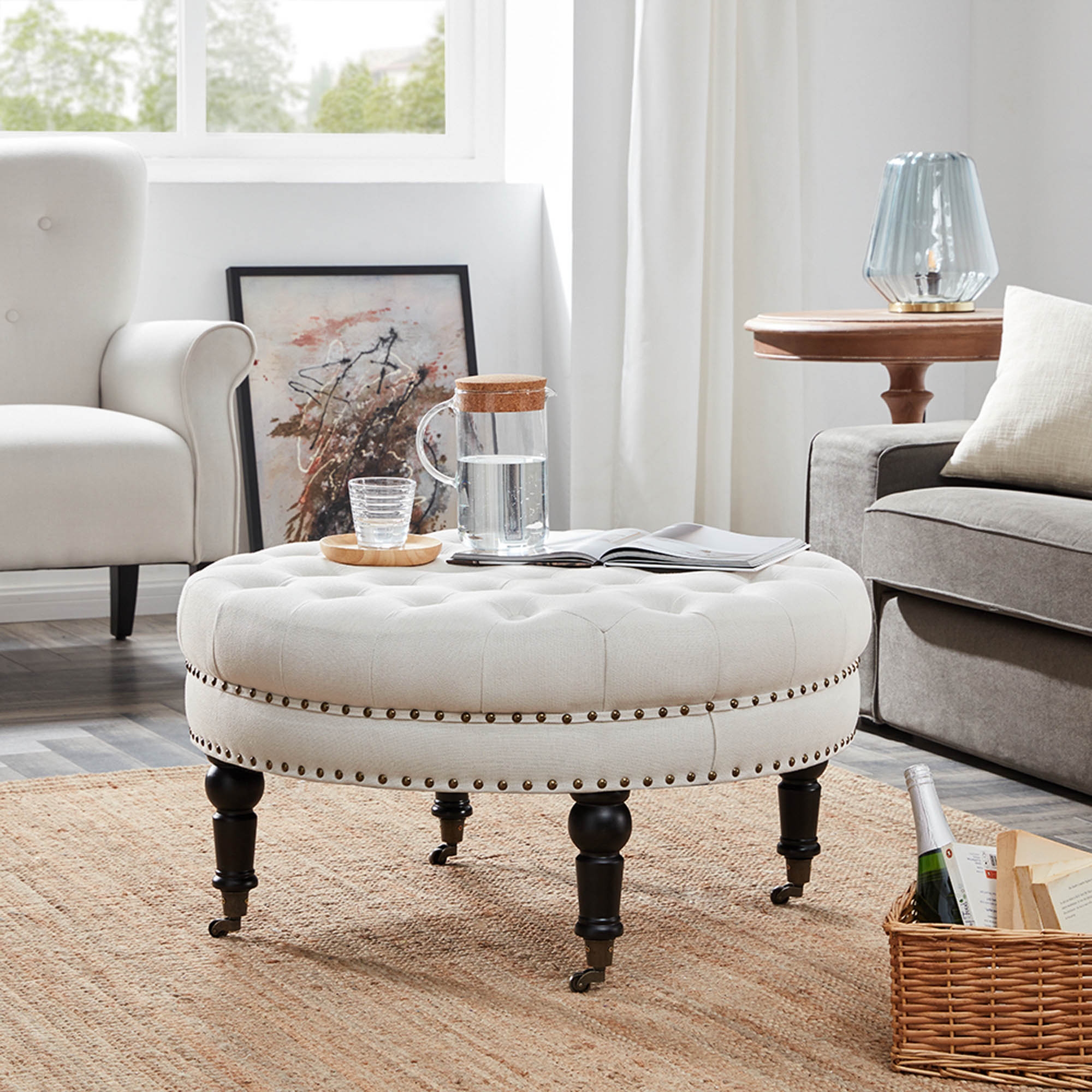 Belleze nailhead round tufted storage ottoman store large footrest stool coffee table lift top