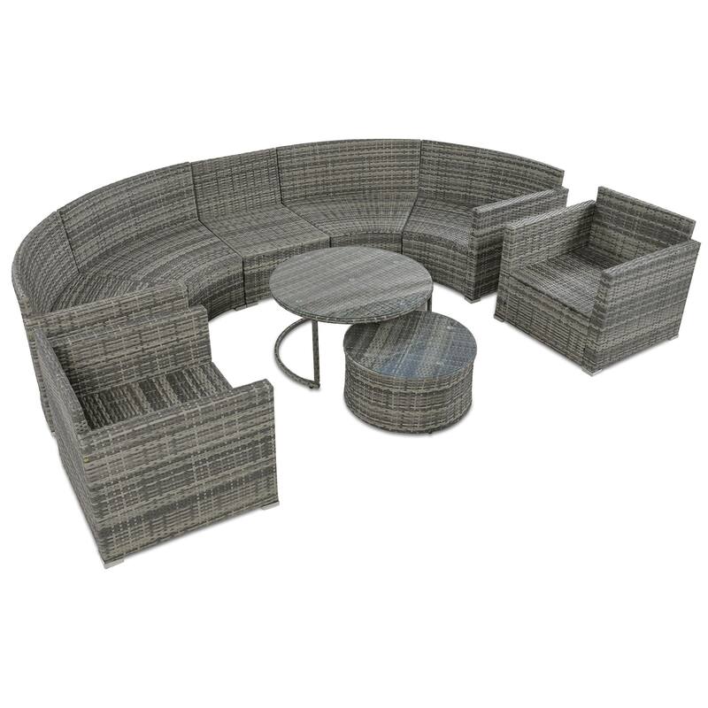 9-Piece Half-Moon Wicker Patio Sofa Set with Cushions and Two Round Coffee Tables