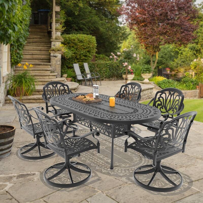 7-Piece Aluminum Oval Outdoor Patio Dining Set, 6 Cushioned Swivel Chairs, Table, All-Weather Frames