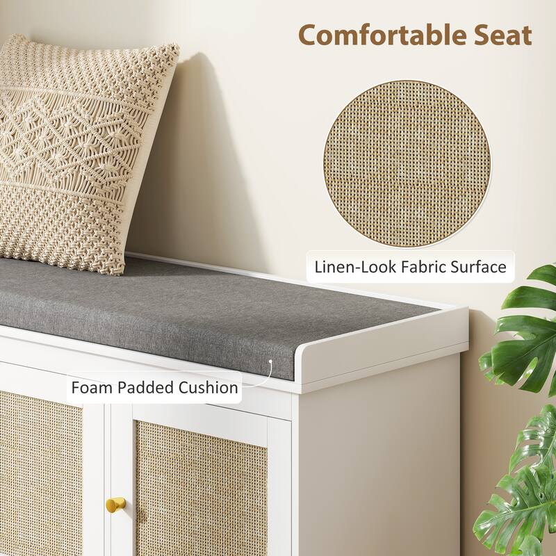 HOMCOM Shoe Bench with Woven Rattan Doors, Shoe Storage Bench with Cushion, Adjustable Shelves, Boho Style Entryway Bench