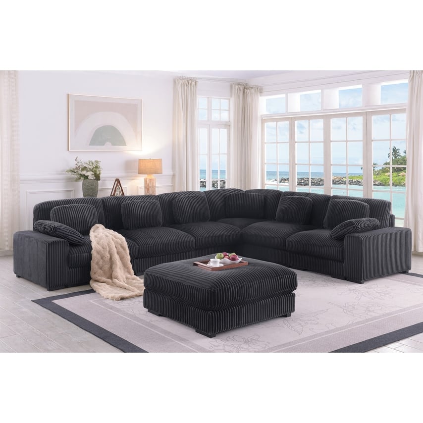 Sloane 151"W Charcoal Corduroy Fabric Reversible L-Shape Modular Sectional Sofa with Ottoman