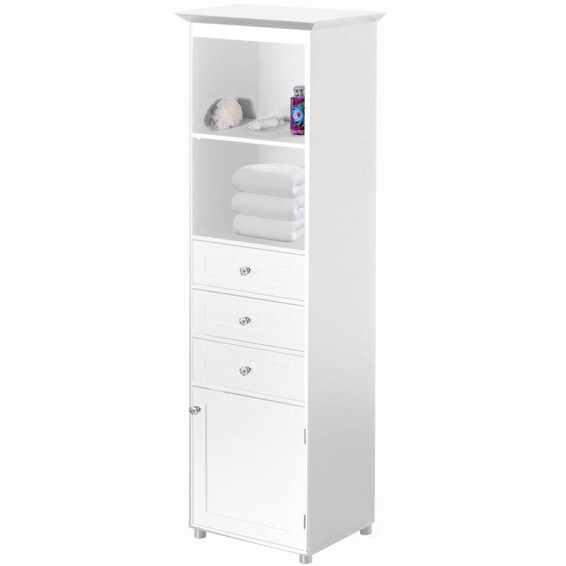 Tall Freestanding Storage Organizer Linen Tower, Vanity Closet, Bathroom Cabinet with 2 Open shelves, 3 Drawers, and a Closet - White