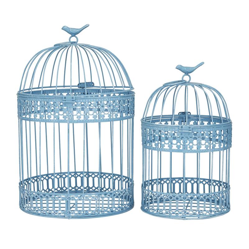 Metal Birdcage with Latch Lock Closure and Hanging Hook - Set of 2 Blue or White - Roche River Decor