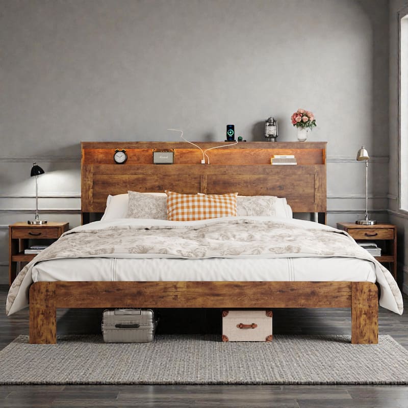 Wood Platform Bed Frame with Storage LED Headboard, 2 USB Ports, Metal Frame, No Box Spring Needed