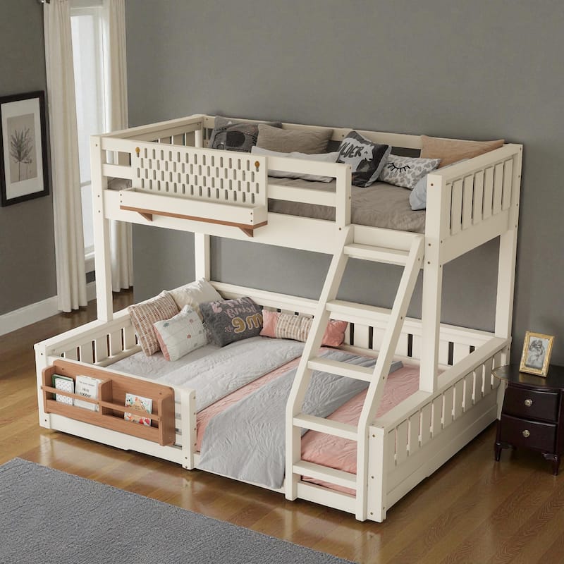 Twin XL over Queen Bunk Bed with Ladder, Guardrails, Pegboard Storage and Built-in Bookshelf, Solid Wood Frame