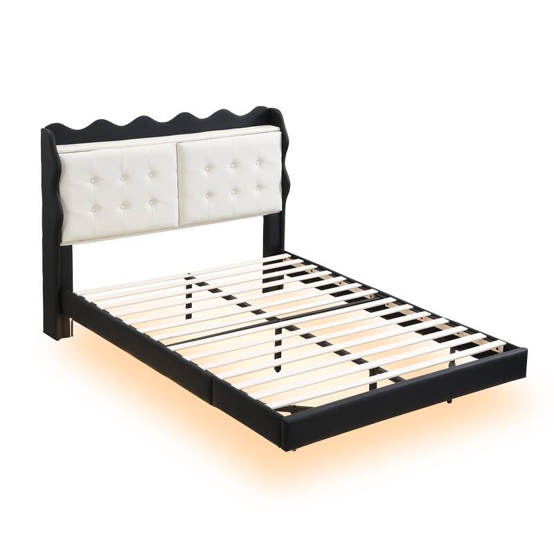 Full Upholstered Bed with LED Light Strips, USB Charging, and Storage Shelves