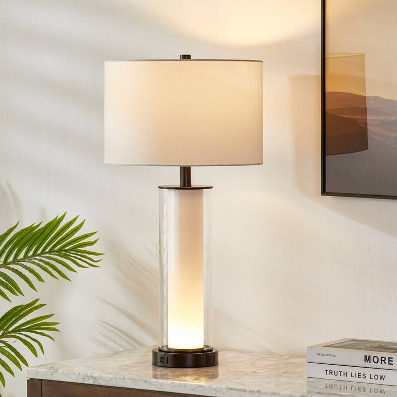 KAWOTI 26.75" Modern Glass Table Lamp with Night Light - H26.75" - Black - H26.75"