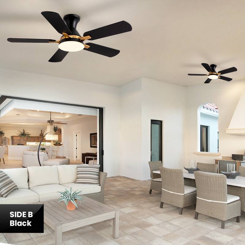 Industrial Led Ceiling Fan With Lights And Remote, Modern Black And Gold Flush Mount Ceiling Fan With 5 Blades