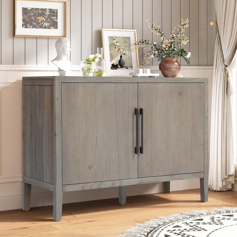 Farmhouse Sideboard Cabinet, Stylish Pine Veneer Design with Double Doors and Adjustable Feet for Storage