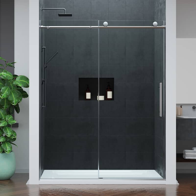 Mountain 60-inch Reversible Frameless Sliding Deco-Glass Shower Door with Soft-Close System