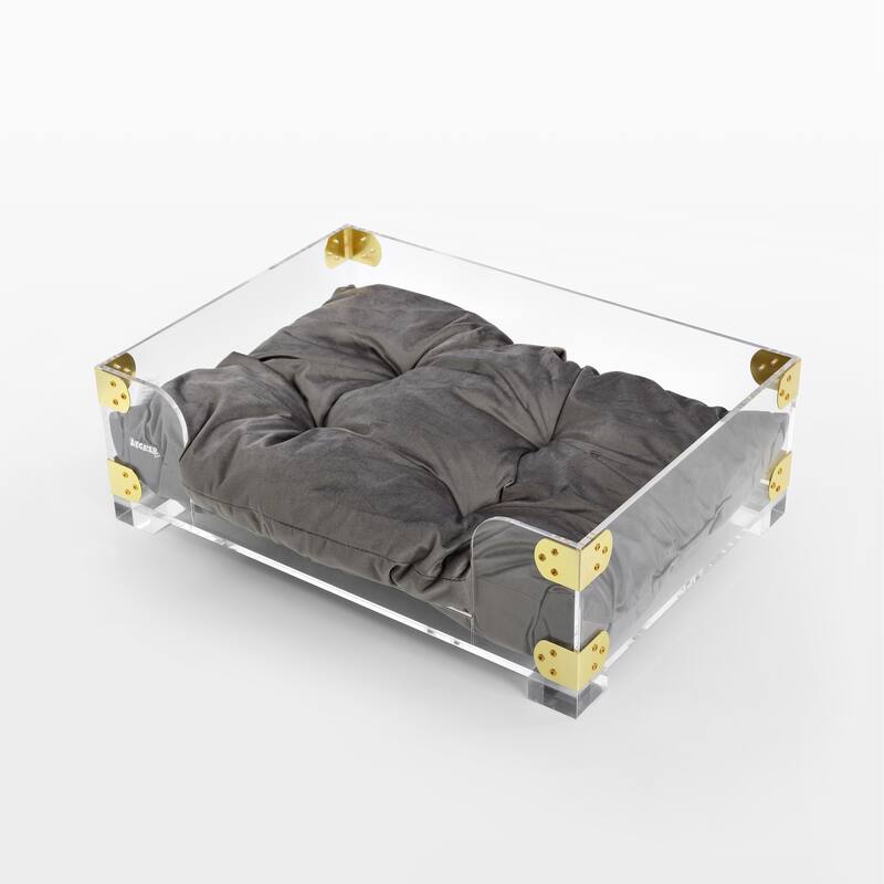 Haines 21.5" x 15.25" Small/Medium Modern Lucite Velvet Pet Bed with Washable Cushion, Dark Gray/Clear - Dark Gray/Clear/Brass Gold