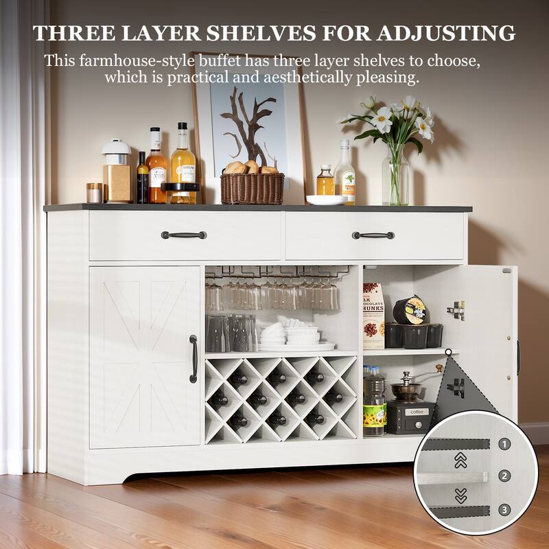 55" Farmhouse Bar with Removeable Wine GID, Kitchen Coffee Bar Cabinet