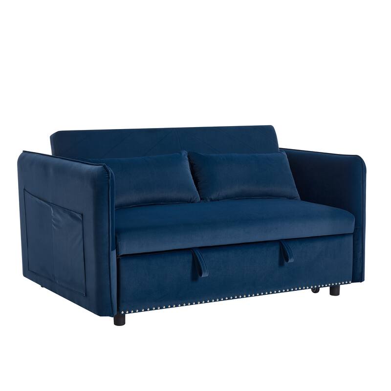 Small Convertible Sofa Bed, 55" Velvet Loveseat Couch with Pull-Out Bed, Pillows, Adjustable Backrest & Side Pockets