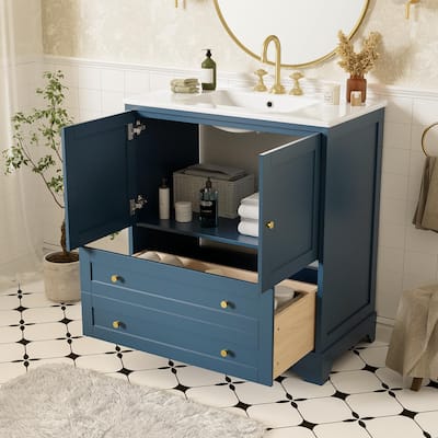 Roomfitters 30" Vanity with Ceramic Sink, Freestanding Cabinet with Gold Handles and Soft Closing Doors, Modern Look, Blue