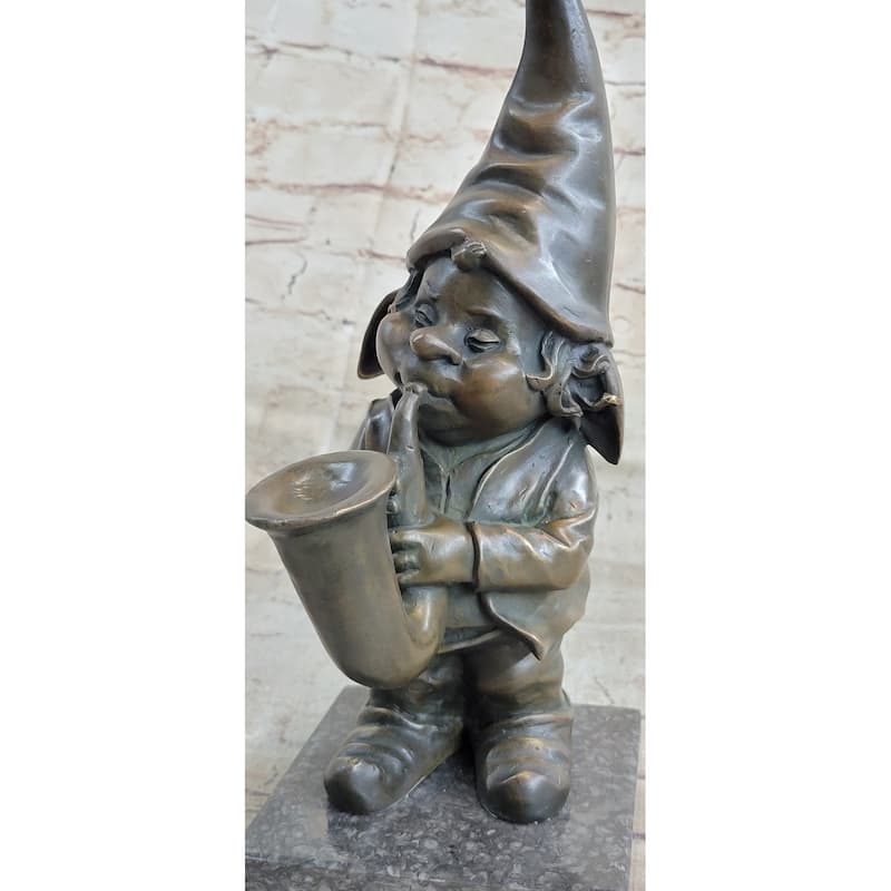 French Bronze Solid Br Figurine Gnome Trumpet Musician Music Collectible