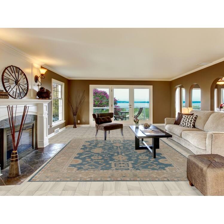 Hand Knotted Oriental 100% Wool Carpet Transitional All-Over Navy Blue & Blues Oushak Area Rug - 12' 0'' X 8' 9''