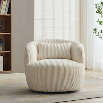 Ivory Corduroy Metal Swivel Armchair with Pillow and Foam Cushion - 34.25” D x 34.25” W x 28.74” H