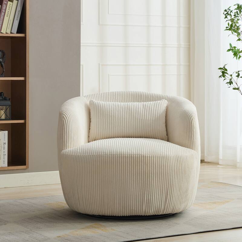 Modern Lounge Chair Sofa Chair with Recessed Arms and Pillow, Swivel Armchair Barrel Chair Soft Accent Chair - Ivory