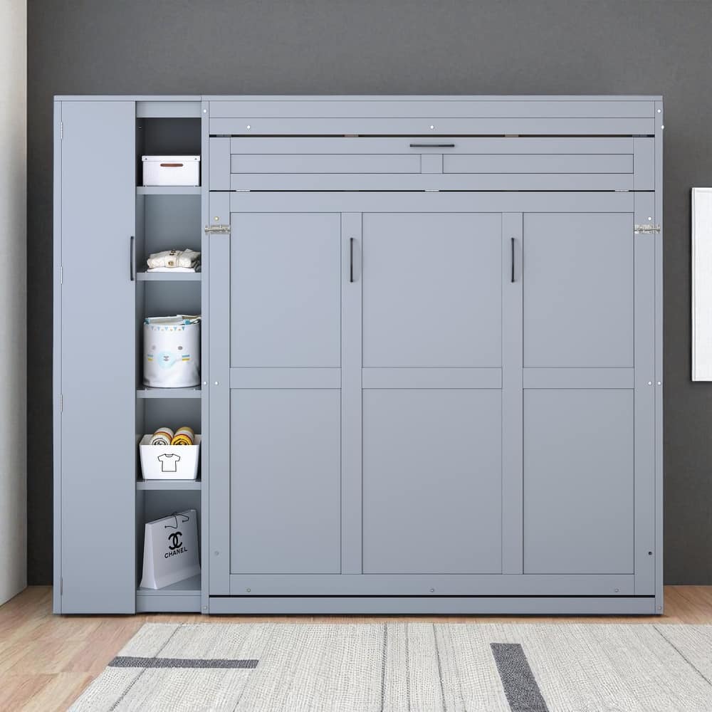 Full/Queen Murphy Wall Bed with Shelves, Wardrobe & LED Lights, Space-Saving Cabinet, 8-10" Mattress Compatible