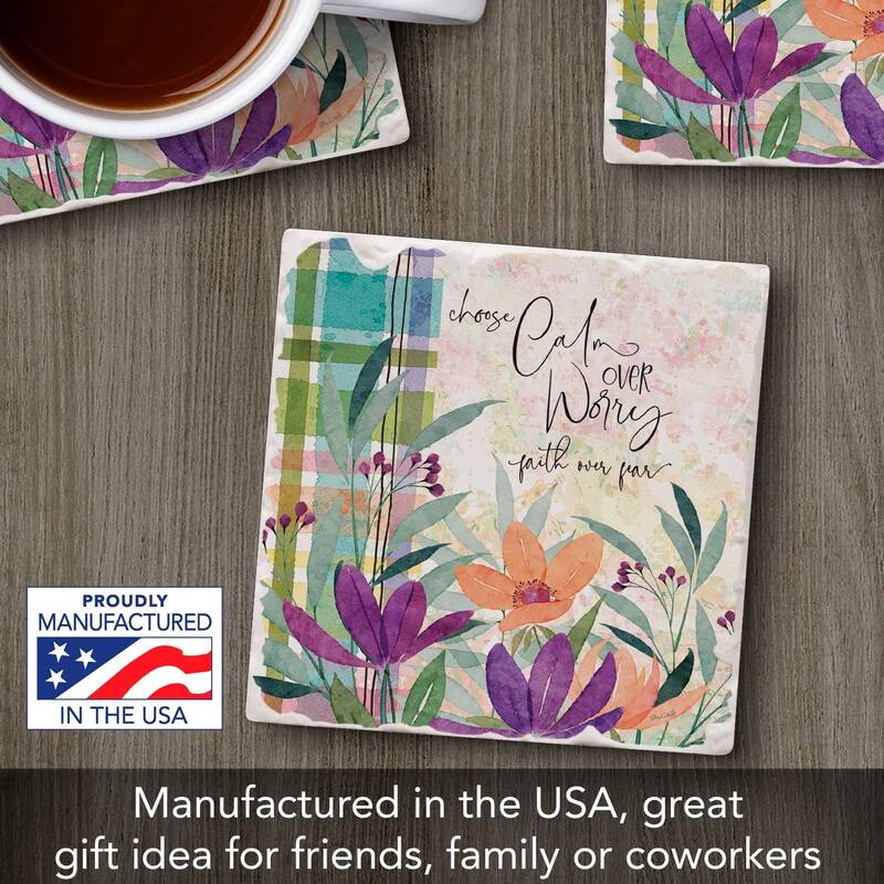 CounterArt Calm Over Worry Absorbent Stone Tumbled Tile Coaster Set of 4 Made in The USA Protective Cork Backing