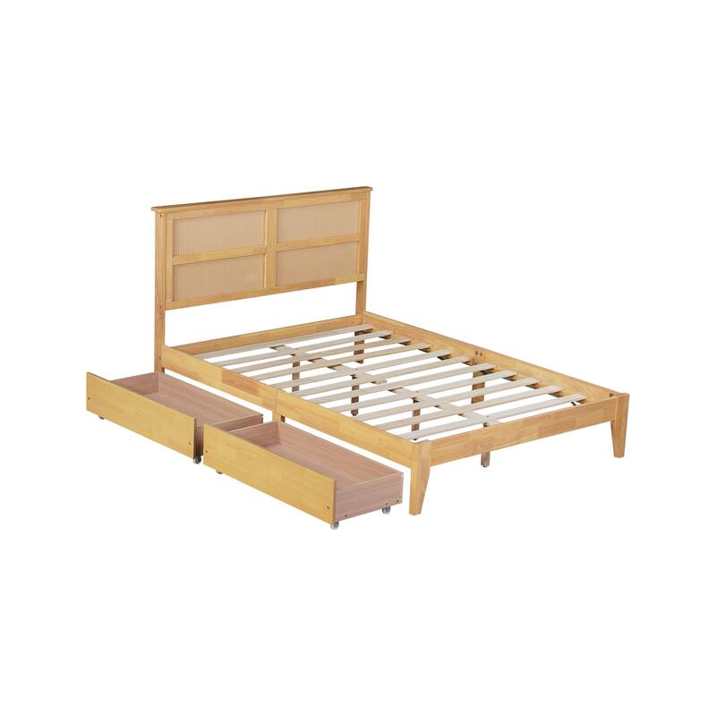 Full Size Bed with Rattan Headboard and Two Storage Drawers, White Oak Finish