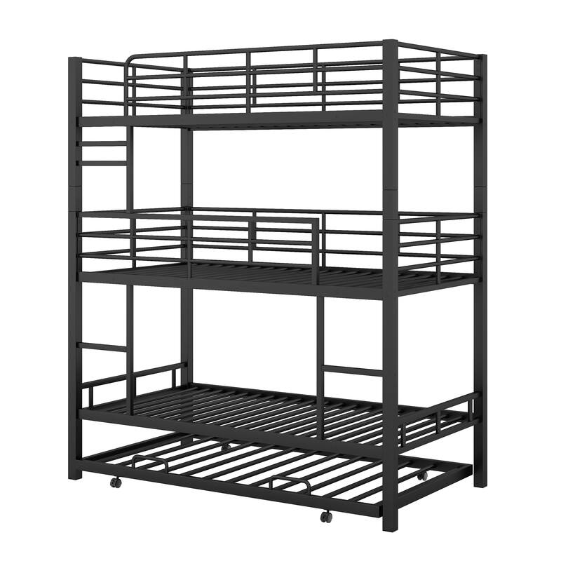 Twin Size Triple Bunk Bed with Trundle, Black, Heavy Duty Metal Construction