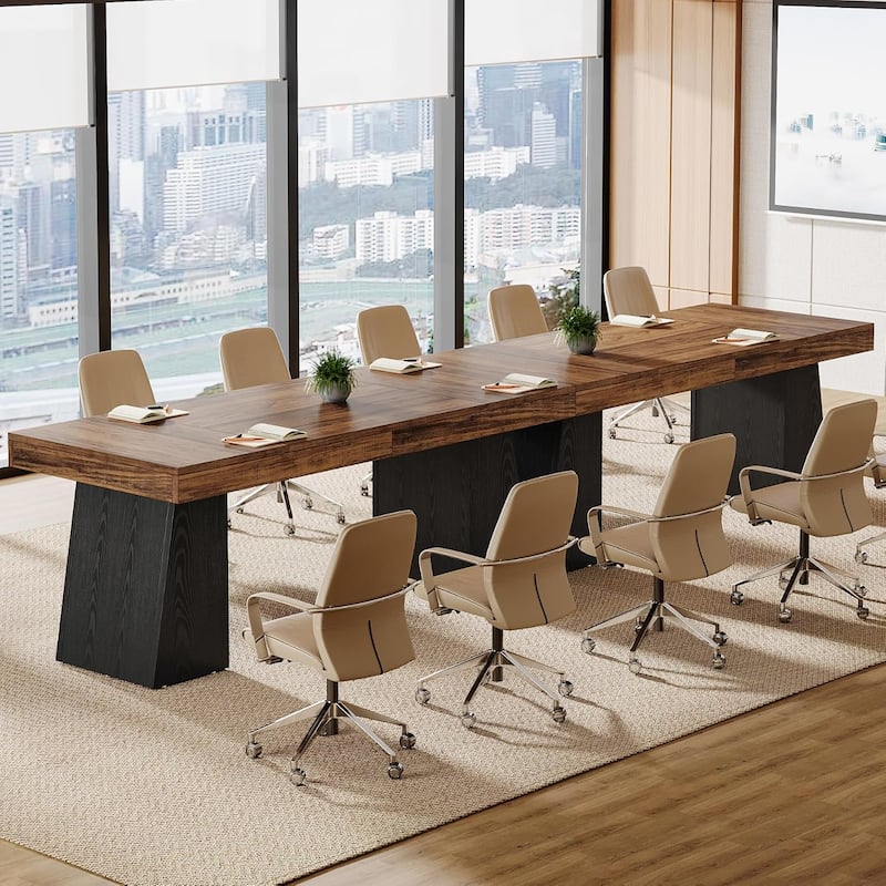 Conference Table, Modern Meeting Table with Thick Tabletop and Trapezoidal Legs