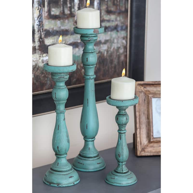 Wooden Candle Holder - Set of 3 Blue - Roche River Decor - 5"W x 5"L x 19"H