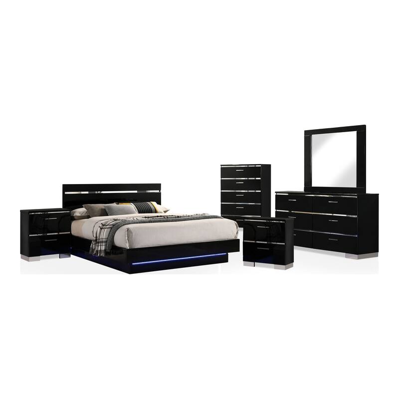 Benvolio Contemporary Black Wood LED 6-Piece Panel Bedroom Set with USB Port by Furniture of America