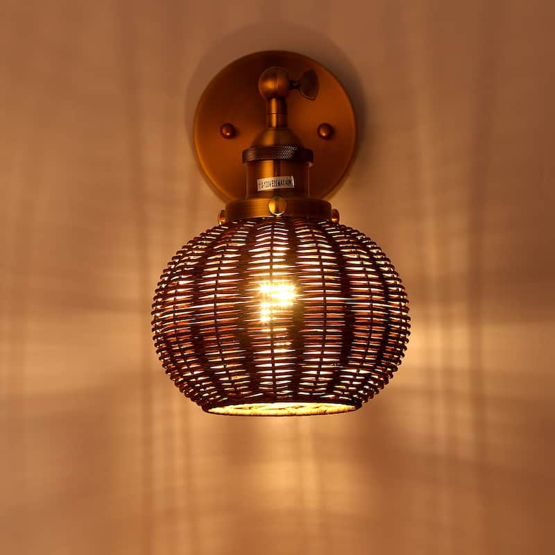 Brass Globe Rattan 1-Light Wall Sconce Wall Light