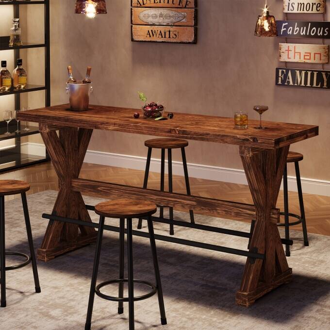 63" Solid Wood Bar Table, Farmhouse Counter Height Dining Table - N/A